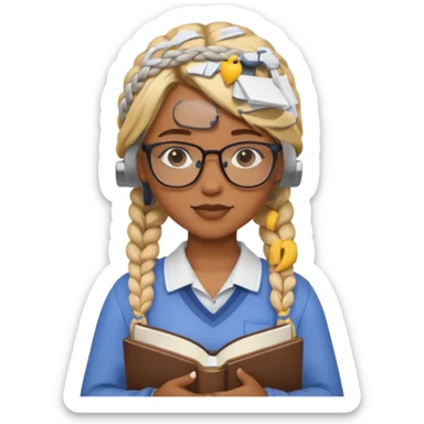 A student, girl, brown skin, braid blonde hair, wearing glasses, hold book in front of their chest sticker