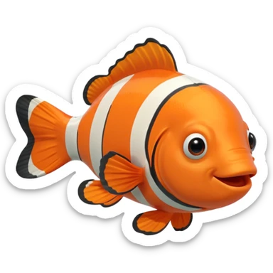Full body of a clownfish with bright orange and white striped body, small fins, rounded tail, big black eyes, smiling expression, cartoon style, floating in water, front-facing sticker
