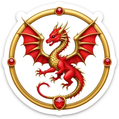 Golden dragon with wings crest / brosch in a circle with red gems and no background sticker