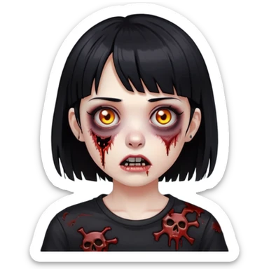 zoombie girl with black hair and short bangs wearing a destroyed black top  sticker