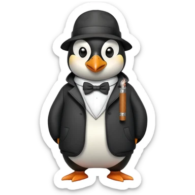 friendly anthropomorphised penguin wearing a mafia-style tracksuit, holding a cigar, secretive scheming pose, soprano vibe sticker