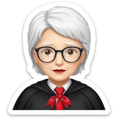 An older woman with glasses and white hair, in a red tie and black cape sticker
