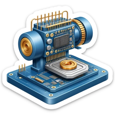 An icon featuring a giant machine soldering a huge microchip, symbolizing engineering. The design includes mechanical gears, circuit boards, and a blueprint, representing the precision and innovation in designing and building technology. Transparent background highlights the art of engineering sticker