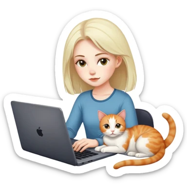 A girl is working on a laptop with a cat lying next to it sticker
