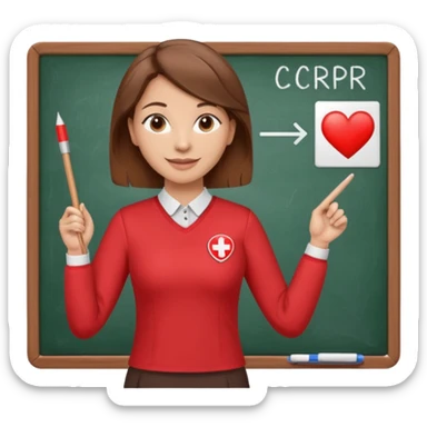Happy Teacher, female, brown hair up, wearing a red long sleeve top holding a pointer stick to a white board with a CPR logo. sticker