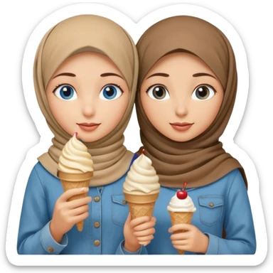 Turkish beautiful finish Konya two girls blue eyes with beige denim hijab islamic dress and had on her hand ice cream in cup sticker