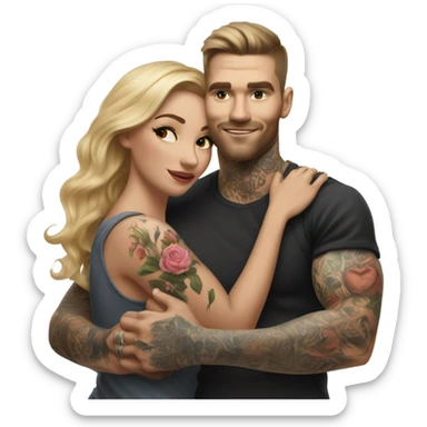 Hyper Realistic beautiful woman in the arms of a very handsome tattooed man playing  sticker