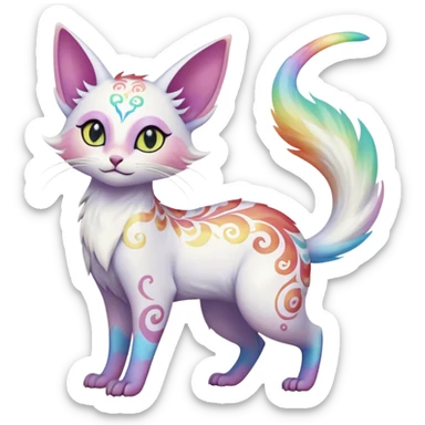 Pure-snow-White albino iridescent with pastel rainbow-gradients-color-markings with swirly patterns butterflies  faerie-Noivern-Noibat-Purloin-Torracat-Lykoi-Caracal-cat-Fakemon-fusion-hybrid-creature-jumping sticker