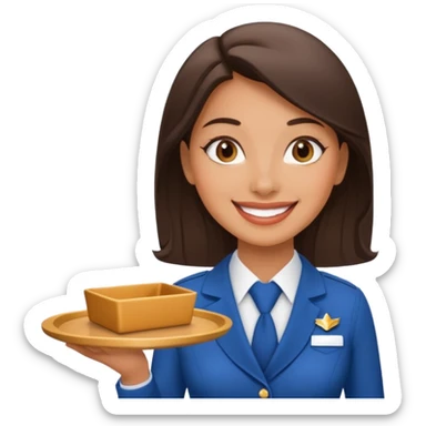 A female professional flight attendant holding a service tray, sticker