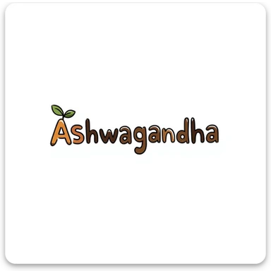 The word "Ashwagandha" hand-drawn in a warm earthy color palette with browns, oranges, and subtle greens. Simple doodle style with minimal decoration. sticker