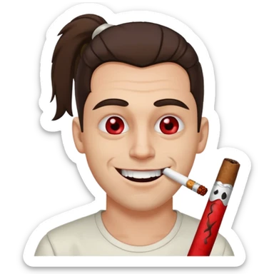 A white man with dark brown hair in a ponytail, oversized bloodshot eyes, grinning, smoking a long spliff  sticker