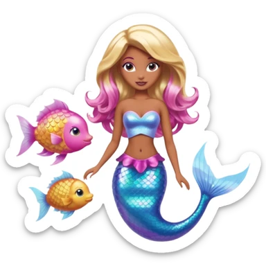 Brown skin blonde hair barbie mermaid with holographic tail and pink hair with pufferfish sticker