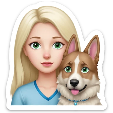 White European young woman with blue-green eyes and long blond hair with her white German Shepherd dog,the Dog has a pink nose and short fur  and Brown eyes sticker