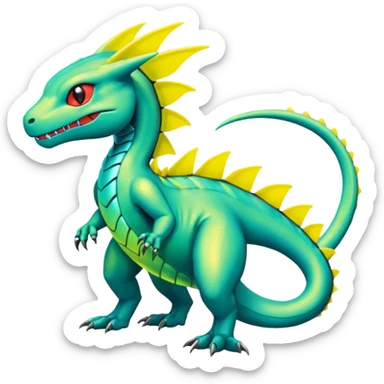 Cute Shiny neon-green cyan yellow iridescent Guilmon-Salandit-Fakémon-hybrid-creature (full body)  sticker
