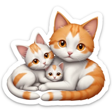 full body of very small + skinny ginger and white kitten with deep orange eyes and triangular shaped face lying down cuddling a grey and white kitten who is a bit bigger than him sticker