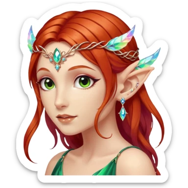 portrait of red haired Elvish fae shiny sparkly iridescent translucent diaphanous ear climber ear cuff sticker