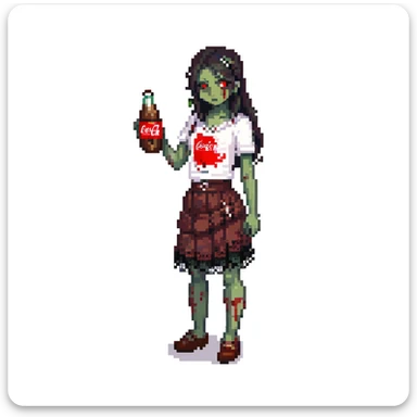 Generate an Asian girl, dark-haired, she's a zombie, wearing a skirt with lace, slightly torn,

Holding a bottle of Coca-Cola in her hands.

Background - a dark street in the style of Gotham City. sticker