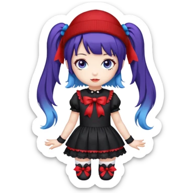 Chibi kawaii, violet eyes, black-blue twin tails, red ribbons, red beanie, black & white lolita dress with red accents, white thigh-highs, black mary janes, cute aesthetic. sticker