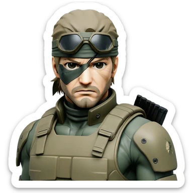 Cinematic Realistic Metal Gear Solid Snake Soldier Portrait, head tilted epicly and inquisitively, showcasing a commanding presence and tactical acumen. His weathered face, intense eyes, and meticulously rendered combat gear in muted earth tones are brought to life with lifelike clarity and dramatic lighting, high shine, epic and awe-inspiring, embodying the covert prowess of a true warrior of the shadows. sticker