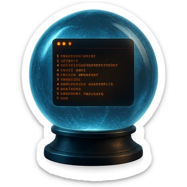 hacker-themed crystal ball with a black terminal window inside displaying orange text, digital and secretive look, glowing and futuristic sticker