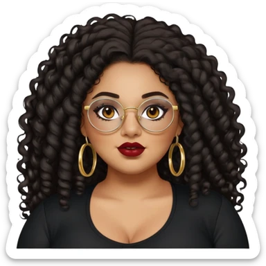 teen big plus size, latina, darker tan skin, gold hoops, long black curly hair, baddie,pretty, makeup, dark red lipgloss, black eyeliner, long hair, black shirt, BLACK glasses sticker