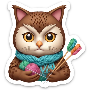 knitting owl portrait, head and shoulders only, cute cat holding knitting needles and yarn, cozy expression, warm handmade vibe, soft feathers, 3D cartoon style, mobile game icon style, clean background, no text, no watermark
 sticker