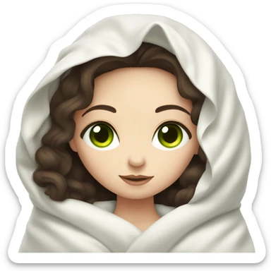 Pale Girl with dark brown hair  and green eyes laying down cozy in a white blanket sticker