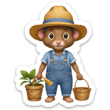 farmer rat gardener in denim overalls with a straw hat sticker
