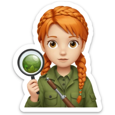 braid orange haired girl kid in moss green explorer outfit, holding magnifying glass sticker