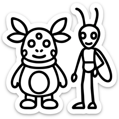 Luntik and Kuzya as a simple outlined icon, minimal details, clean lines, no fill sticker