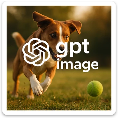  logo of chat gpt with text "gpt image" on the background of a dog chasing ball, realistic image sticker