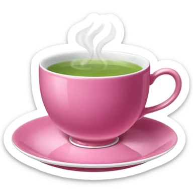 dark pink teacup filled with green tea, placed on a matching pink saucer, with gentle steam rising from the cup.  sticker
