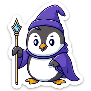 penguin wizard with a magical staff and wizard robe sticker