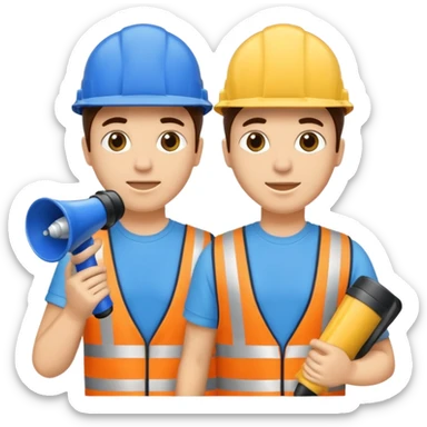 Duas pessoas com capacete de obras azul e um megafone na mão sticker