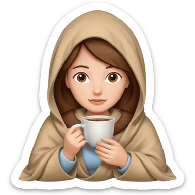 brown hair woman sitting under beige blanket, with a blanket over his head, holding cup of coffe sticker