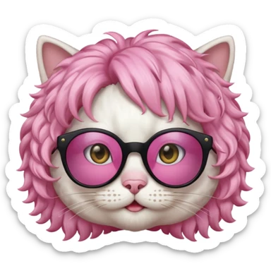 White cat wearing pink curly wig, black sunglasses sticker