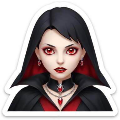 vampire village woman portrait, head and shoulders only, dark gothic cloak collar, sharp fangs, red glowing eyes, elegant yet eerie expression, subtle jewelry, 3D cartoon, mobile game icon style, clean background, no text, no watermark

 sticker