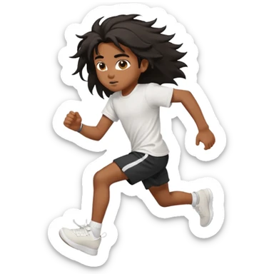 generate a pretty bratz brown skinned boy with black messy long hair wearing a white tshirt and black running shorts. running on the street with white sneakers sticker