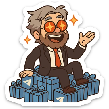 A middle-aged animated character with light grey tousled medium-length hair and a thick well-groomed brown-grey beard, wearing round glasses with red lenses that reflect bright orange-yellow stars. He has a very joyful, charismatic expression with an open-mouthed smile showing teeth. He is dressed in a formal black suit, white shirt, and red tie, sitting on a pile of Telegram collectible gifts. sticker