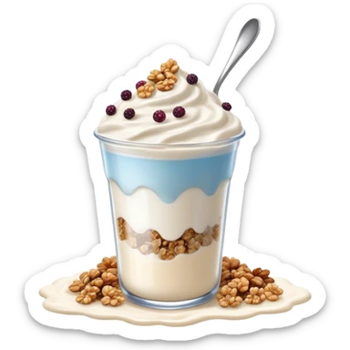 Mystical floating Greek yogurt cup with magical protein granola and glowing chia seeds, surrounded by sparkles and celestial aura sticker