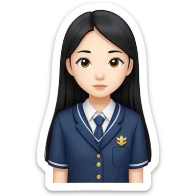 fashionable Asian schoolgirl with long straight black hair, stylish school uniform sticker