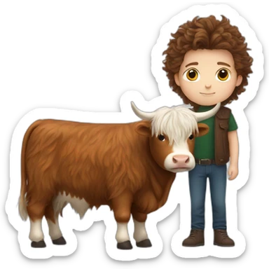 White brunette boy with fluffy highland cow sticker