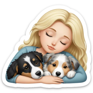 White girl blonde hair sleeping with black and white Australian shepherd  sticker