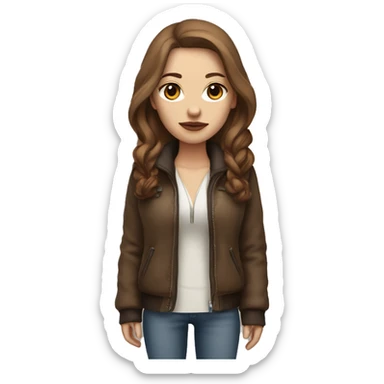 white woman with long brown hair in a furry jacket standing alongside a white pitbull with a brown eye patch  sticker