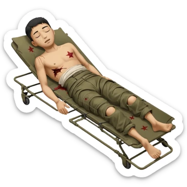 wounded man of oriental appearance, dressed in torn clothes, full length, with closed eyes, head lying on stretcher, in prone position, with injuries on black military stretcher, 1980 sticker