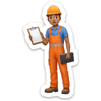 Indian male railway engineer orange overalls, boots holding a clipboard back view sticker