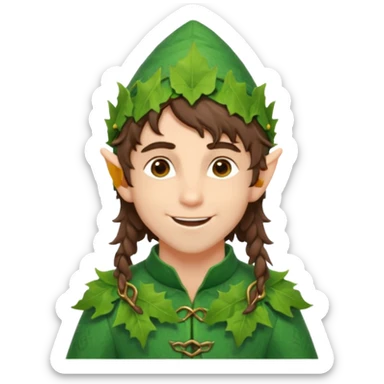 handsome elf with messy brunette hair wearing a leafy outfit and smile confidently sticker