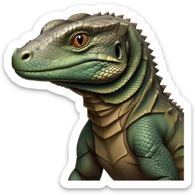 Cinematic Realistic Noble Komodo Dragon Portrait Emoji, Poised and imposing, with a massive, rugged build and a weathered, intricately scaled hide in earthy olive and dark tones, a distinct, powerful head with sharply defined features and piercing eyes, rendered in lifelike detail with natural texture and shadow, high shine, intelligent and formidable, styled with an air of ancient reptilian authority, focused and attentive, soft glowing outline, capturing the essence of a watchful and commanding Komodo dragon that appears ready to emerge from the screen with raw power! sticker