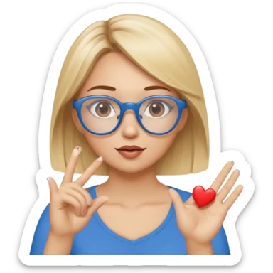 Asthectic Blonde women with brown eyes, blue glasses, waering a brown top, blowing a kiss with a small heart around her. Make sure she has 5 fingers sticker