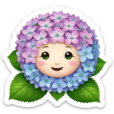 Adorable cute hydrangea flower with happy face, puffy round cluster of pastel colored tiny blooms, cheerful appearance, and cute little green leaves sticker